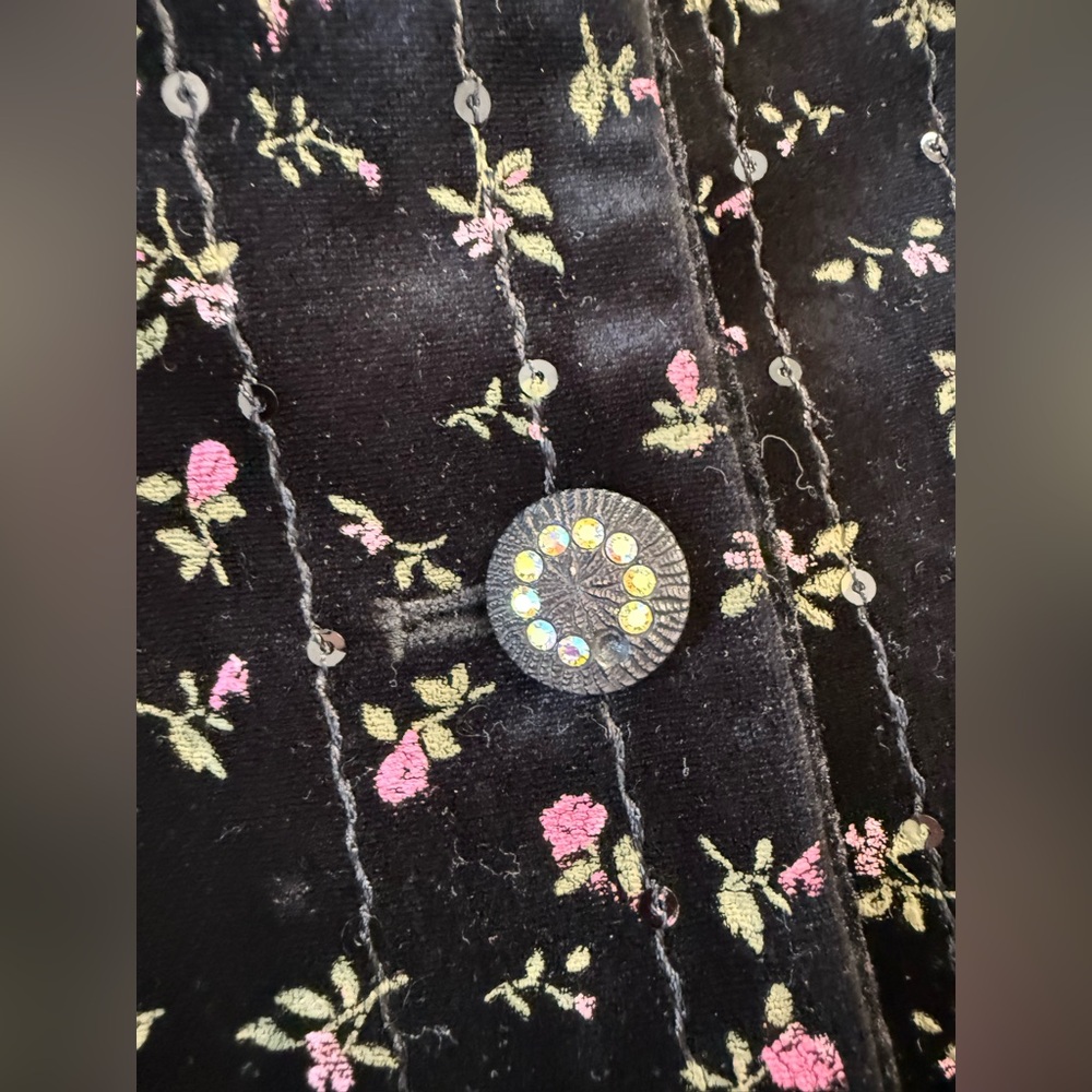 Quilted Velvet Floral Sequin Blazer Black Pink Rose Jacket VTG Cottagecore Y2K - Picture 7 of 11